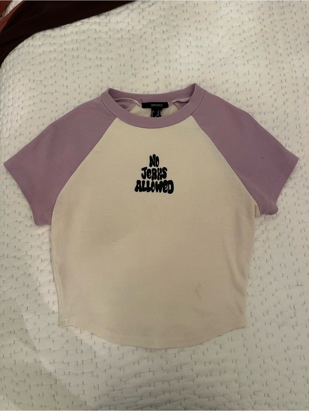 Forever 21 No Jerks Allowed Baby Tee in Cream and Lavender